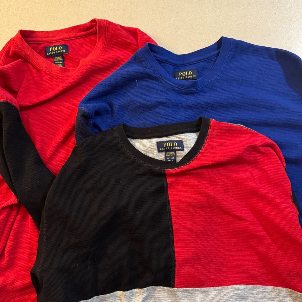 Lot 3 Polo Ralph Lauren Thermal Sleep Shirts XL Red Blue Colorblock Waffle Knit
